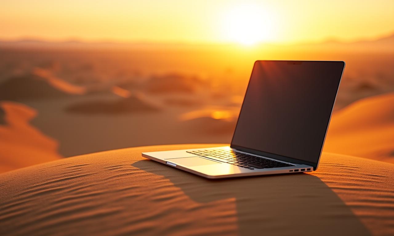 Un laptop aperto su una duna di sabbia dorata al tramonto